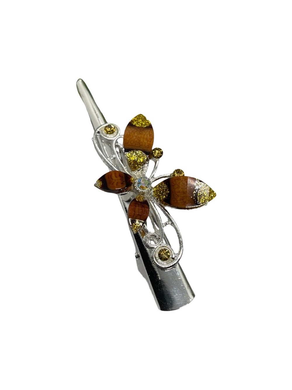 Silver Floral Hair Clip with Brown and Gold Accents FINAL PRICE DROP - Picture 2 of 2